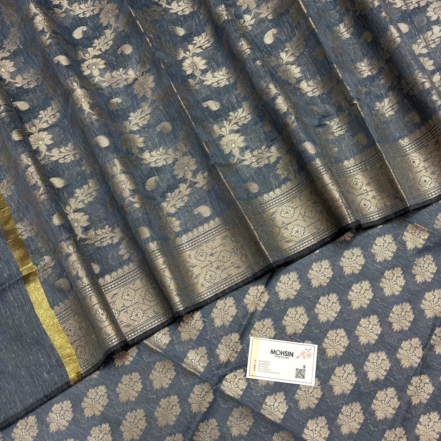 Dark Grey Tri Phool Linen Silk Banarasi Suit