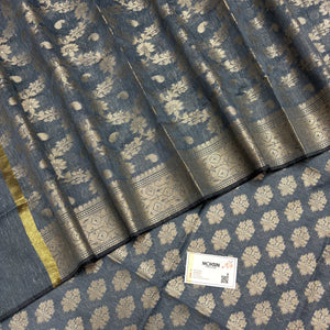 Dark Grey Tri Phool Linen Silk Banarasi Suit