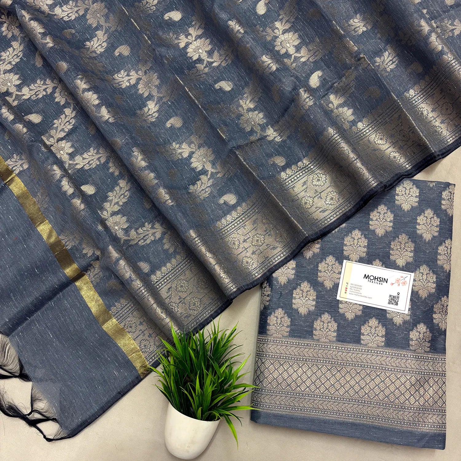 Dark Grey Tri Phool Linen Silk Banarasi Suit