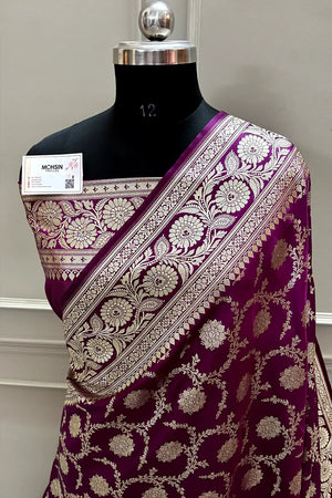 Dark Magenta Murmuri Jaal Katan Silk Banarasi Saree