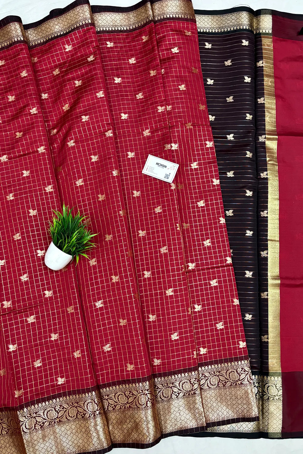Dark Maroon and Wine Zari Semi Katan Silk Banarasi Saree