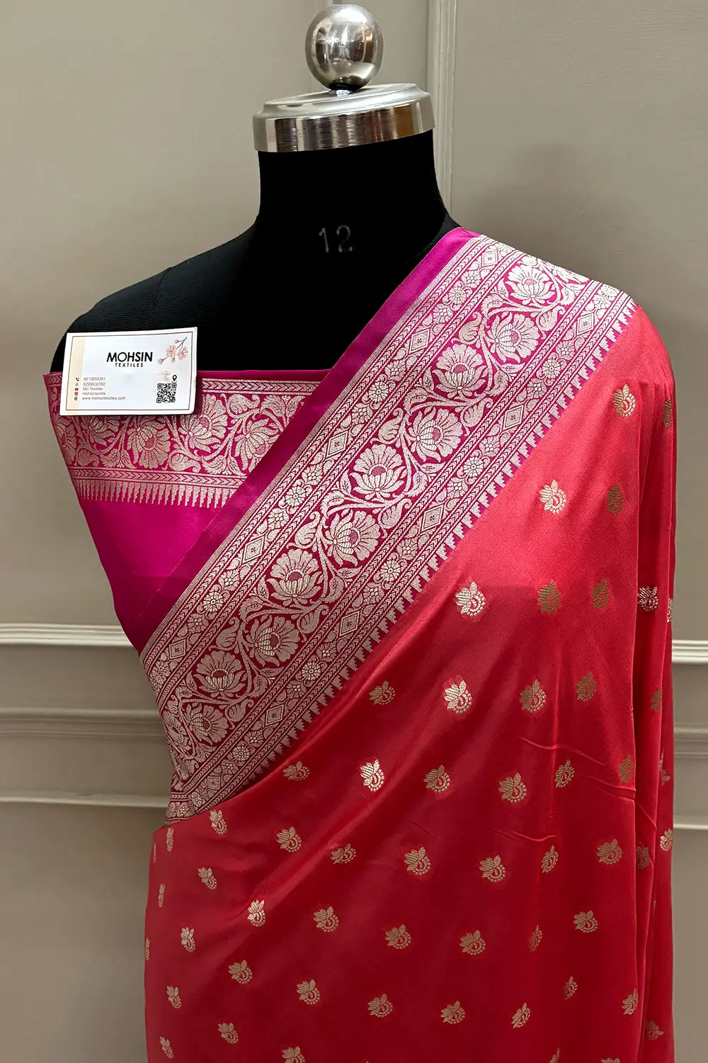 Dark Peach and Pink Ghonga Buti Katan Silk Banarasi Saree