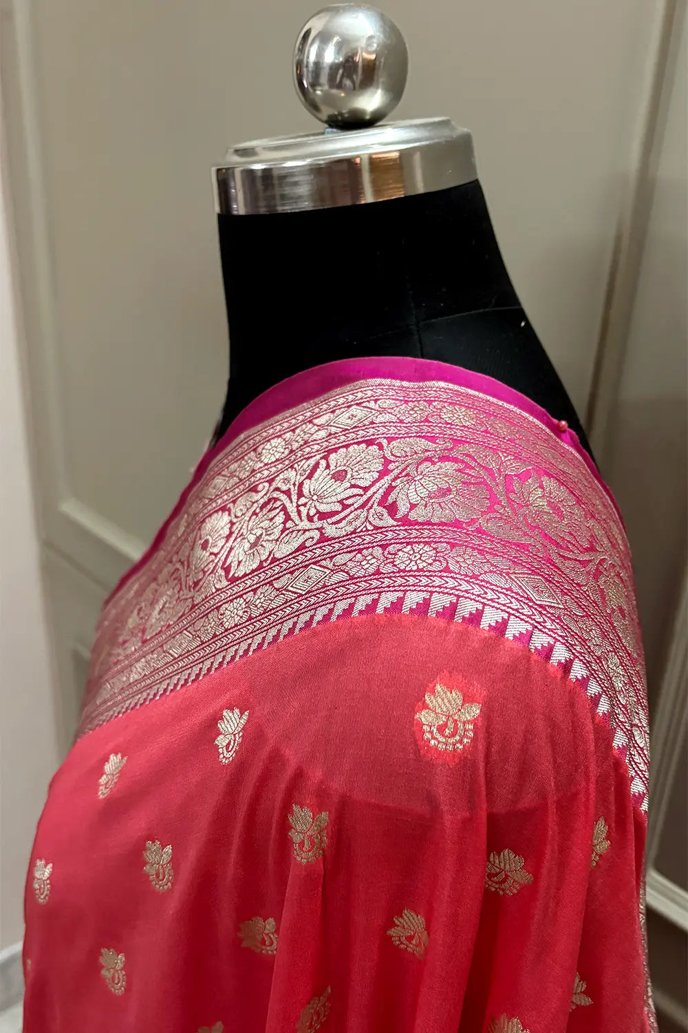Dark Peach and Pink Ghonga Buti Katan Silk Banarasi Saree