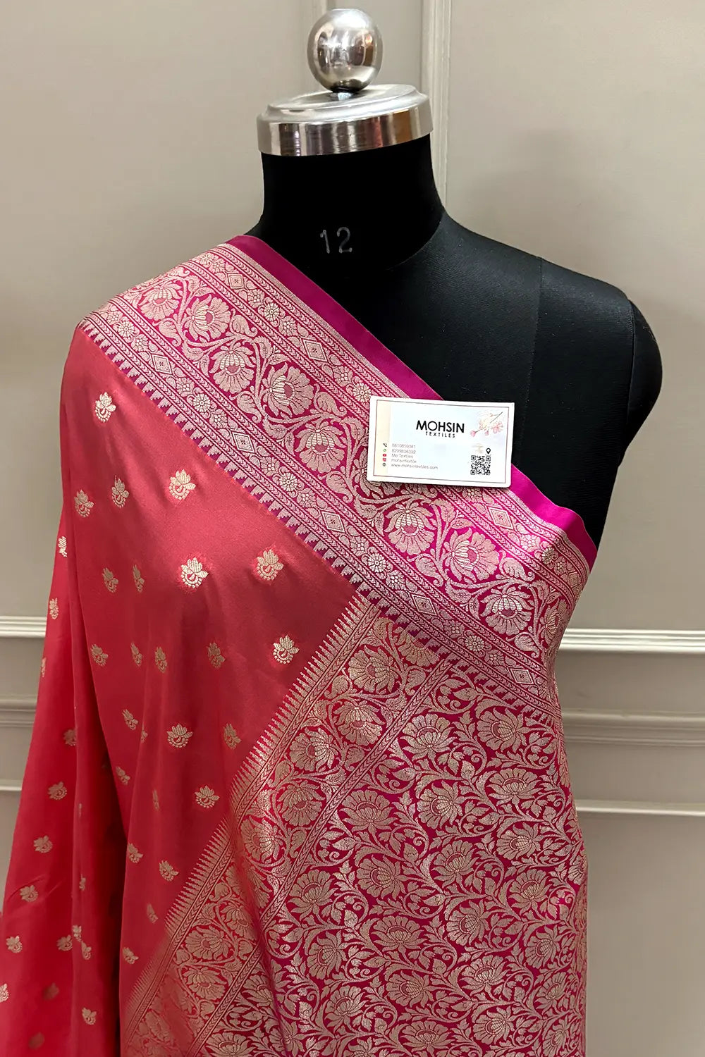 Dark Peach and Pink Ghonga Buti Katan Silk Banarasi Saree