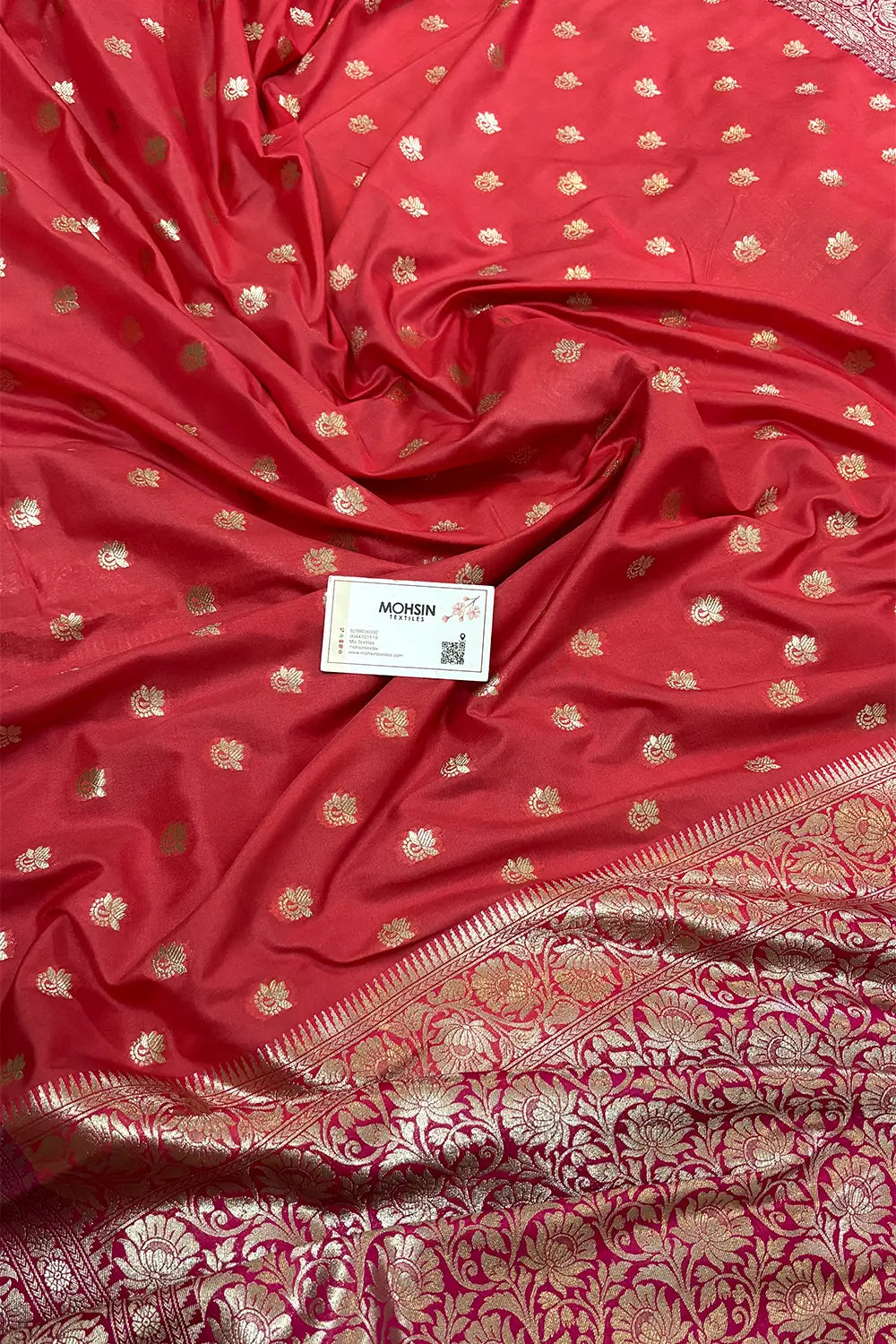 Dark Peach and Pink Ghonga Buti Katan Silk Banarasi Saree