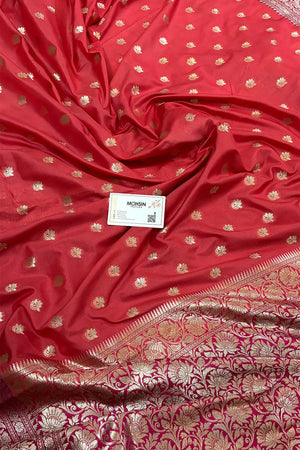 Dark Peach and Pink Ghonga Buti Katan Silk Banarasi Saree