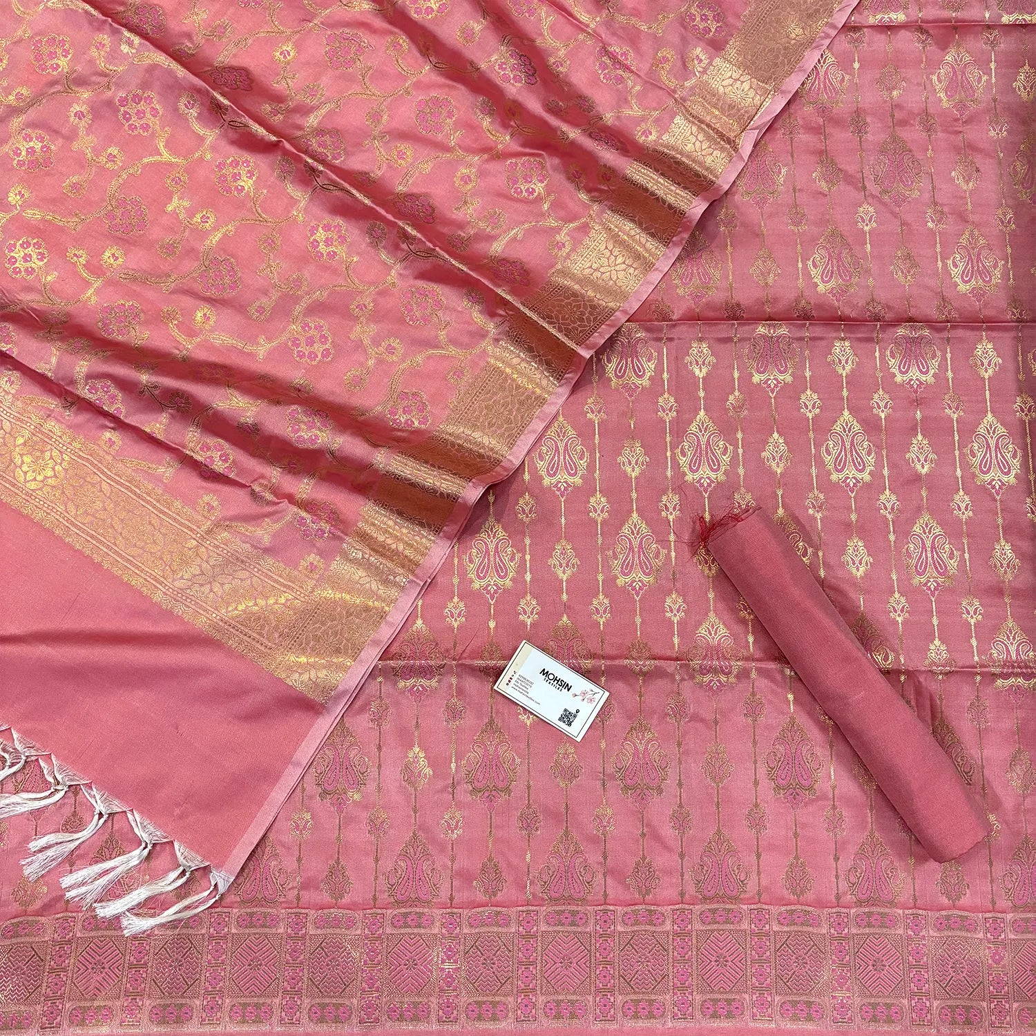 Dark Peach Pink Meena Katan Silk Banarasi Suit