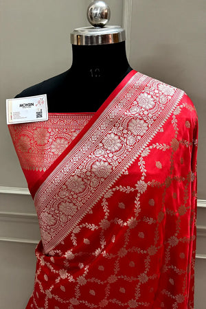 Dark Peach Qaidi Buti Katan Mashru Silk Banarasi Saree