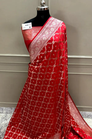 Dark Peach Qaidi Buti Katan Mashru Silk Banarasi Saree