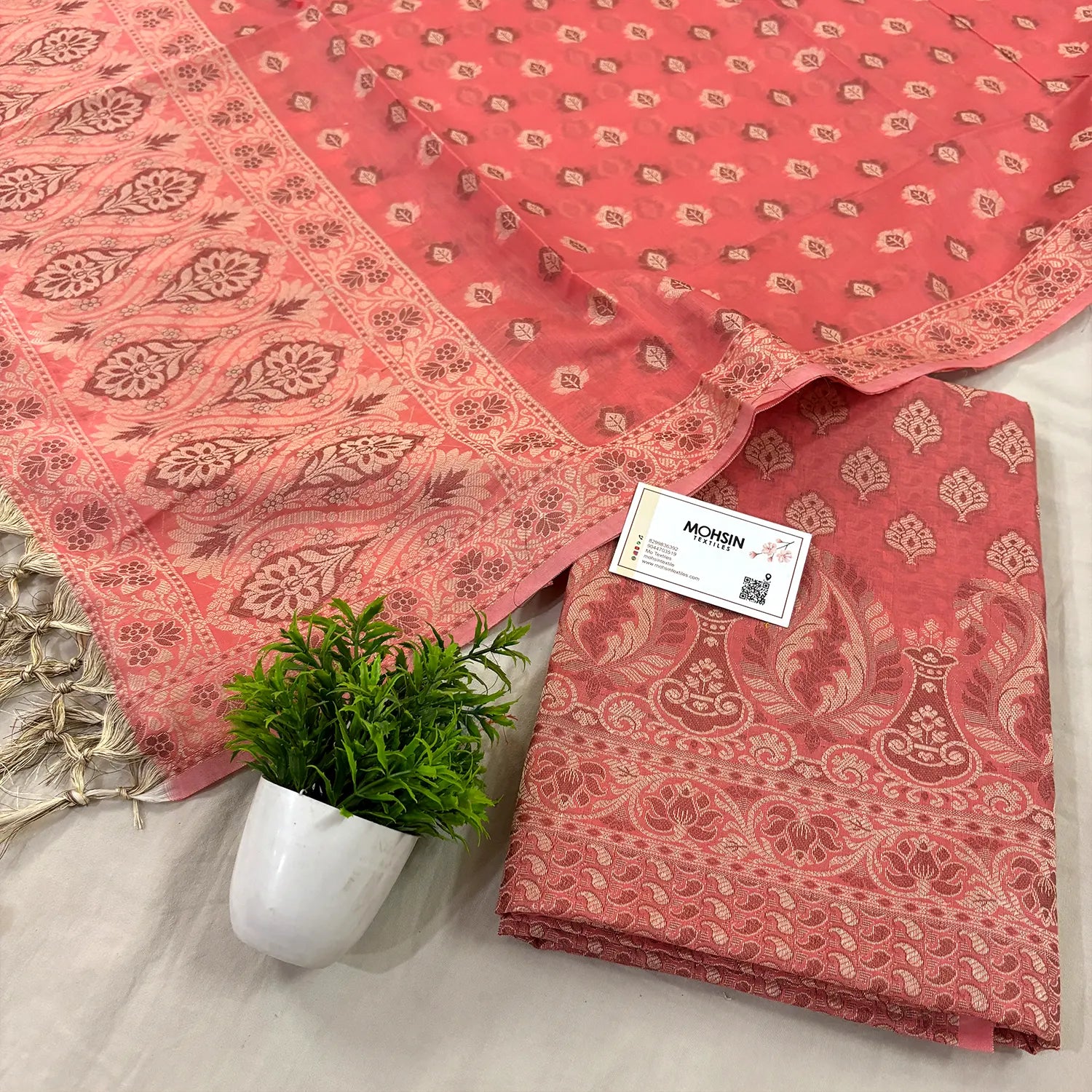 Dark Peach Surahi Tree Cotton Silk Banarasi Suit 
