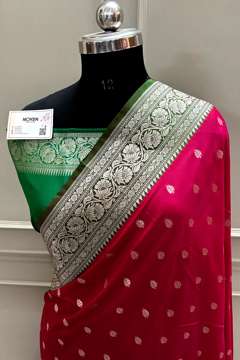 Dark Pink and Green Rudraksha Buti Katan Silk Banarasi Saree