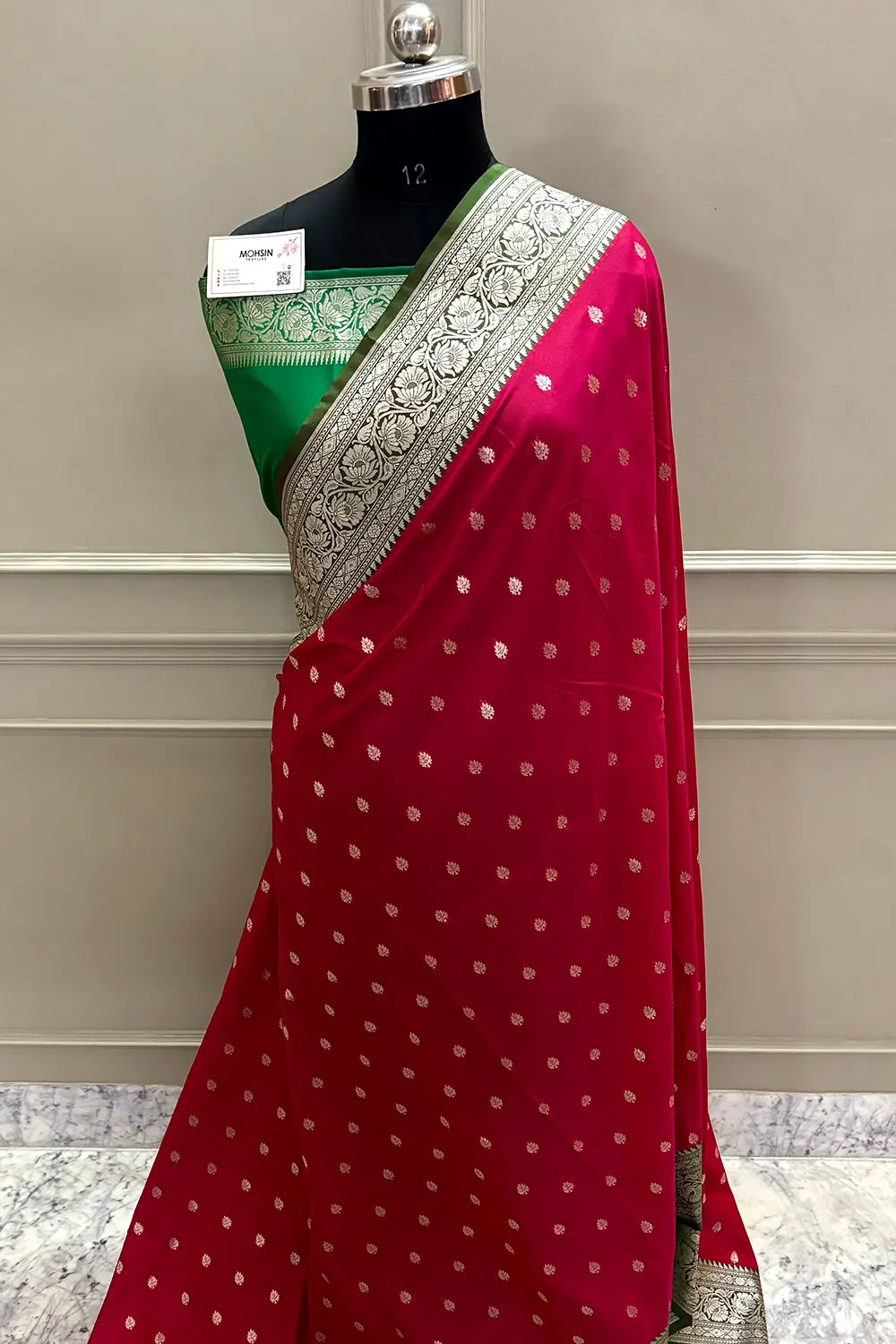 Dark Pink and Green Rudraksha Buti Katan Silk Banarasi Saree