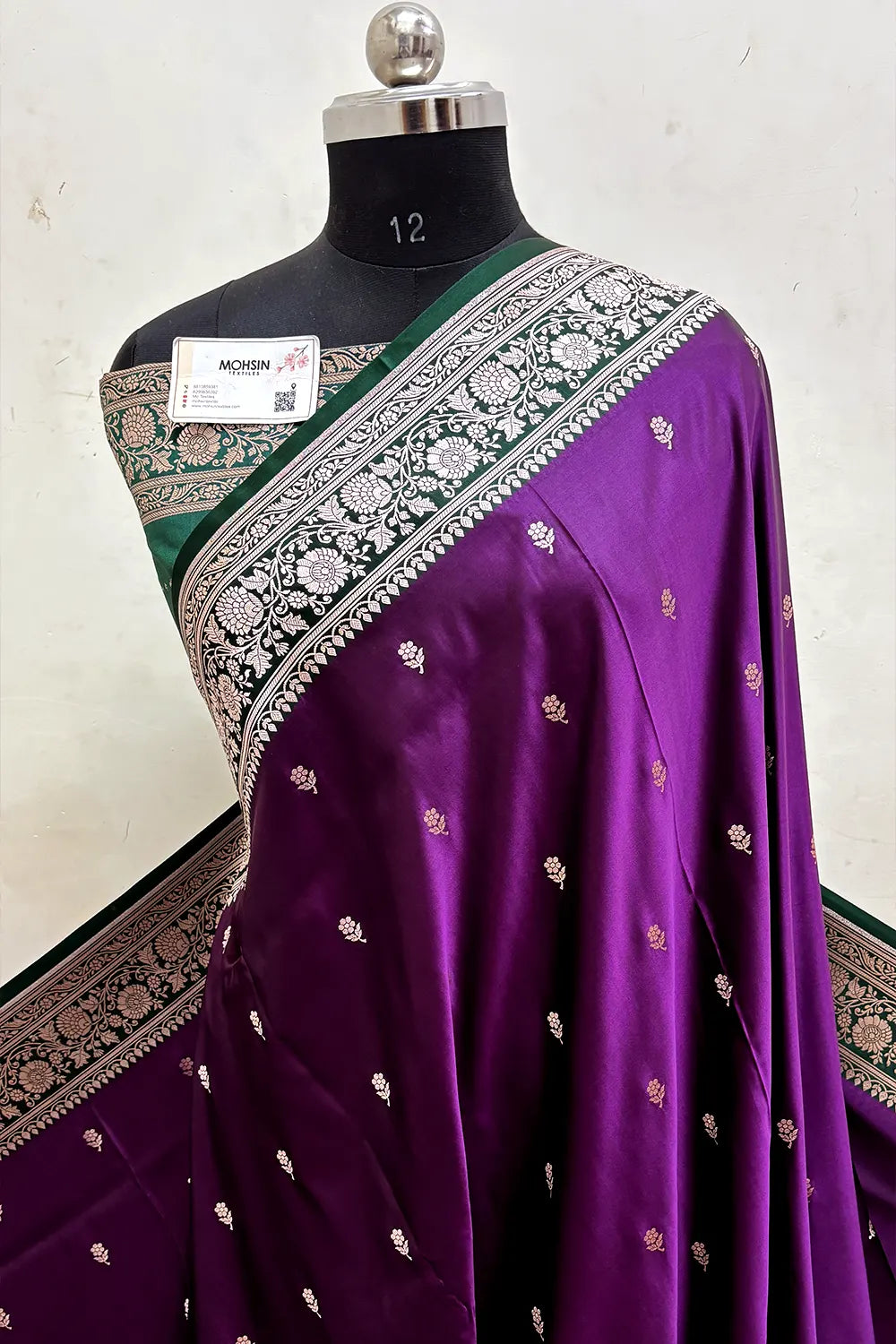 Dark Purple and Teal Lily Buti Katan Mashru Silk Banarasi Saree
