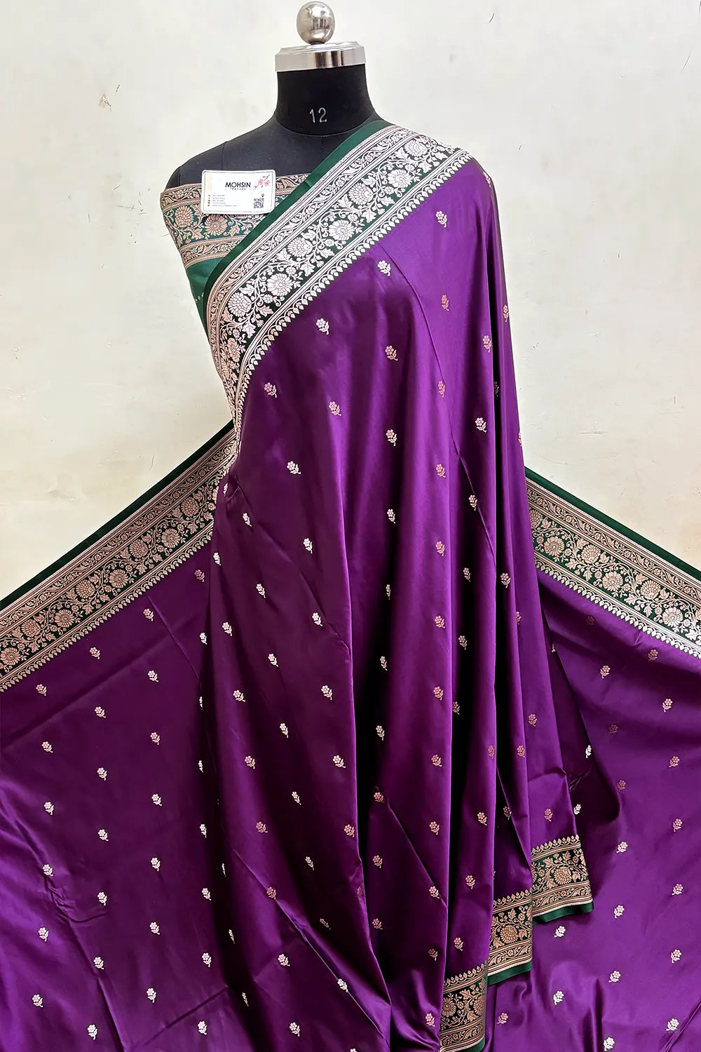 Dark Purple and Teal Lily Buti Katan Mashru Silk Banarasi Saree