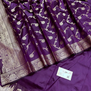 Dark Purple Assi Ghat Plain Semi Katan Silk Banarasi Suit