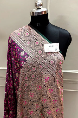 Dark Purple Chunni Munni Buti Katan Mashru Silk Banarasi Saree