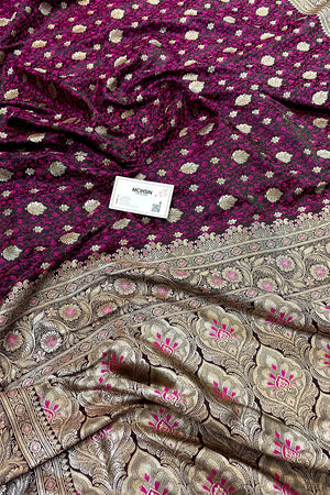 Dark Purple Chunni Munni Buti Katan Mashru Silk Banarasi Saree