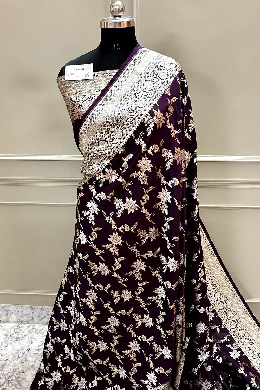 Dark Purple Jasmine Jaal Katan Silk Banarasi Saree