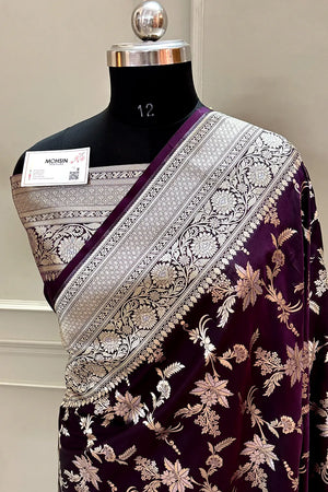 Dark Purple Jasmine Jaal Katan Silk Banarasi Saree