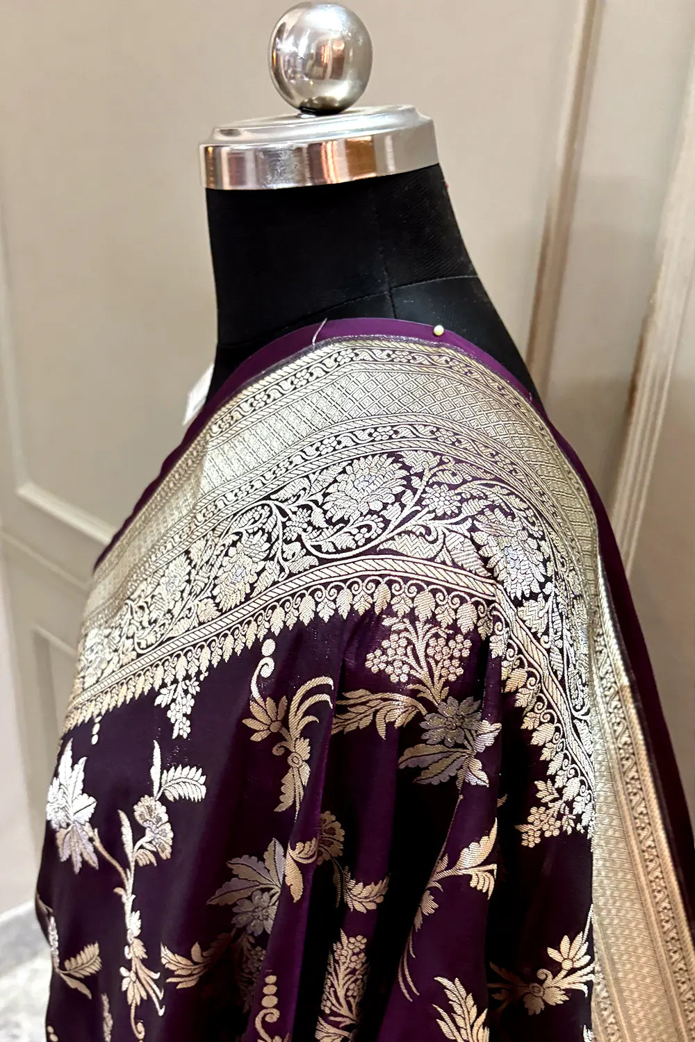 Dark Purple Jasmine Jaal Katan Silk Banarasi Saree