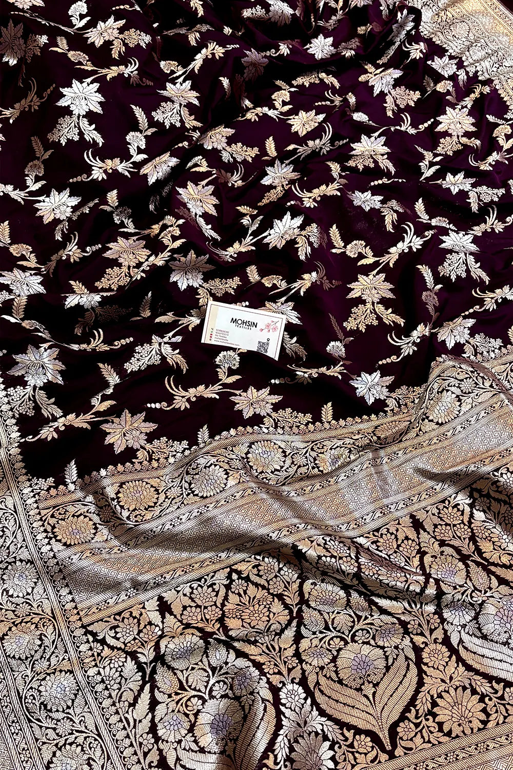 Dark Purple Jasmine Jaal Katan Silk Banarasi Saree