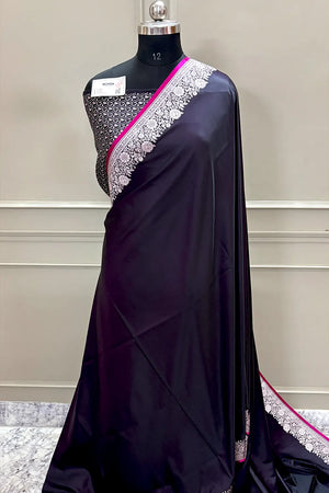 Dark Purple Plain Zari Border Katan Silk Banarasi Saree