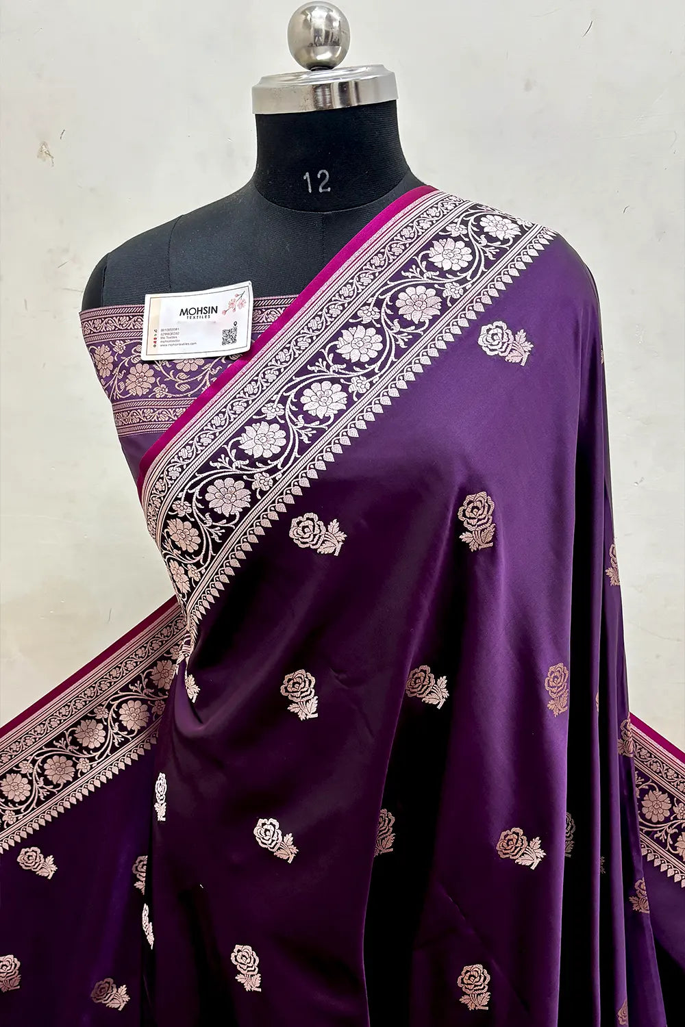 Dark Purple Rose Buti Katan Silk Banarasi Saree