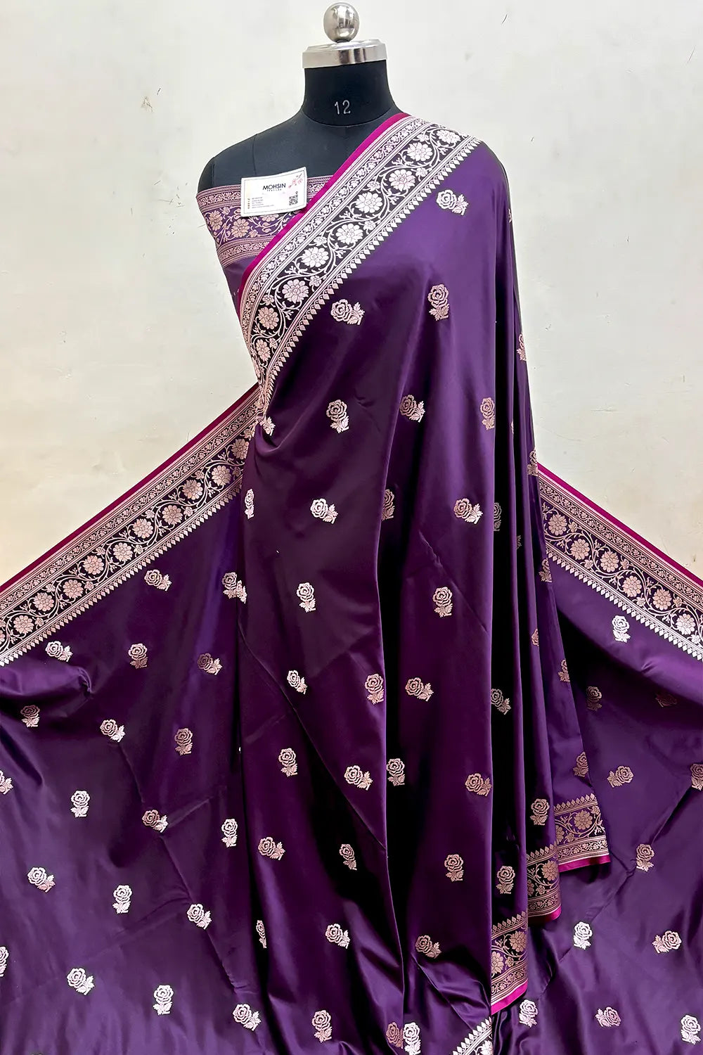 Dark Purple Rose Buti Katan Silk Banarasi Saree