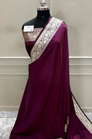 Dark Purple Royal Plain Katan Satin Silk Banarasi Saree