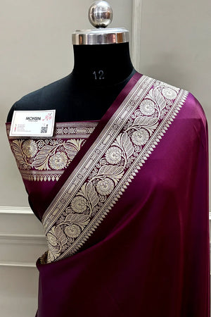 Dark Purple Royal Plain Katan Satin Silk Banarasi Saree