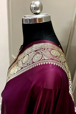 Dark Purple Royal Plain Katan Satin Silk Banarasi Saree