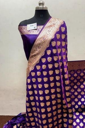 Dark Purple Zari Satin Silk Banarasi Saree