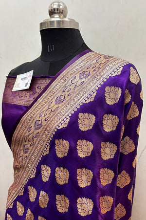 Dark Purple Zari Satin Silk Banarasi Saree