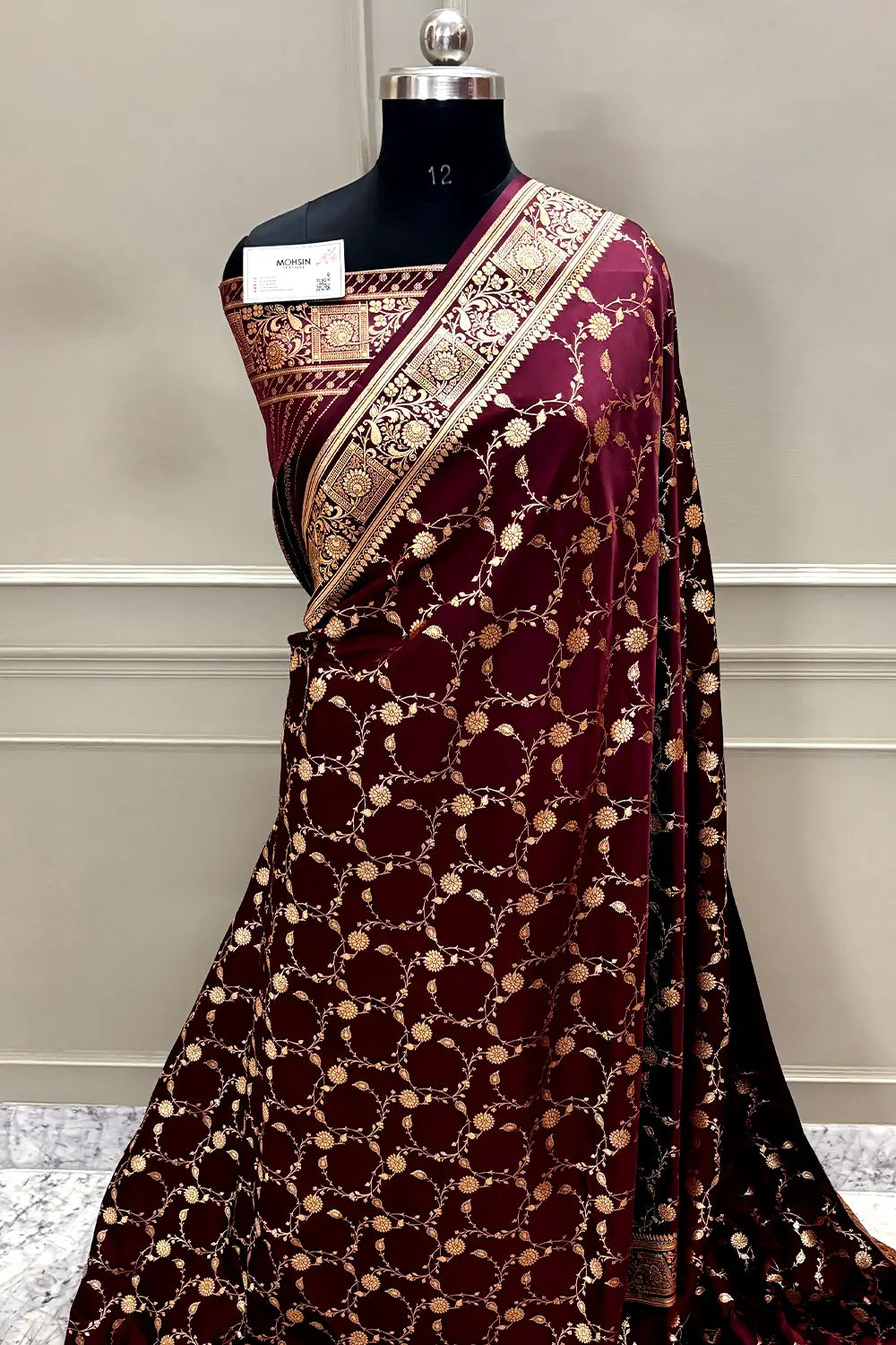 Dark Wine Albeli Jaal Katan Satin Silk Banarasi Saree