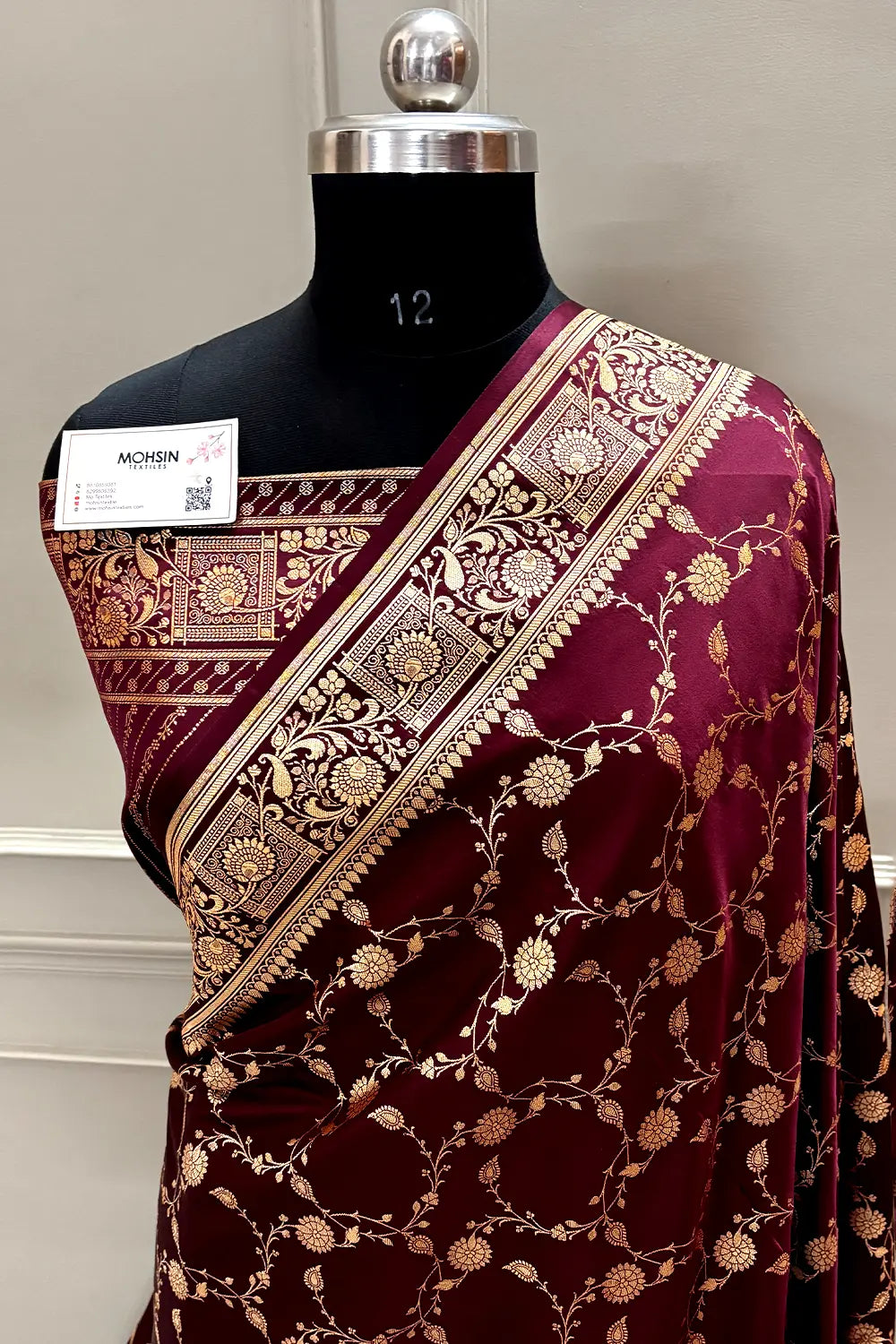 Dark Wine Albeli Jaal Katan Satin Silk Banarasi Saree