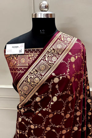 Dark Wine Albeli Jaal Katan Satin Silk Banarasi Saree