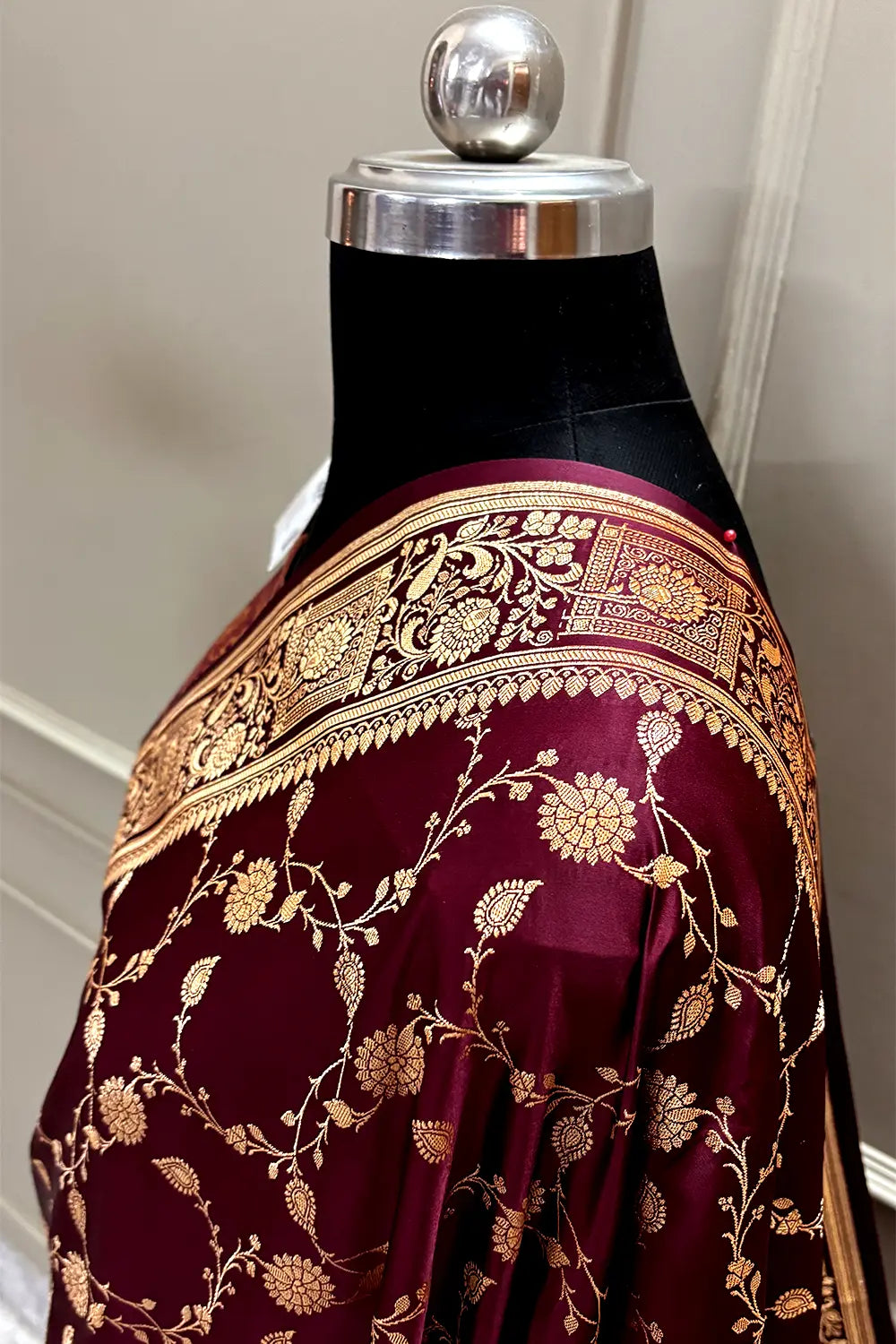 Dark Wine Albeli Jaal Katan Satin Silk Banarasi Saree