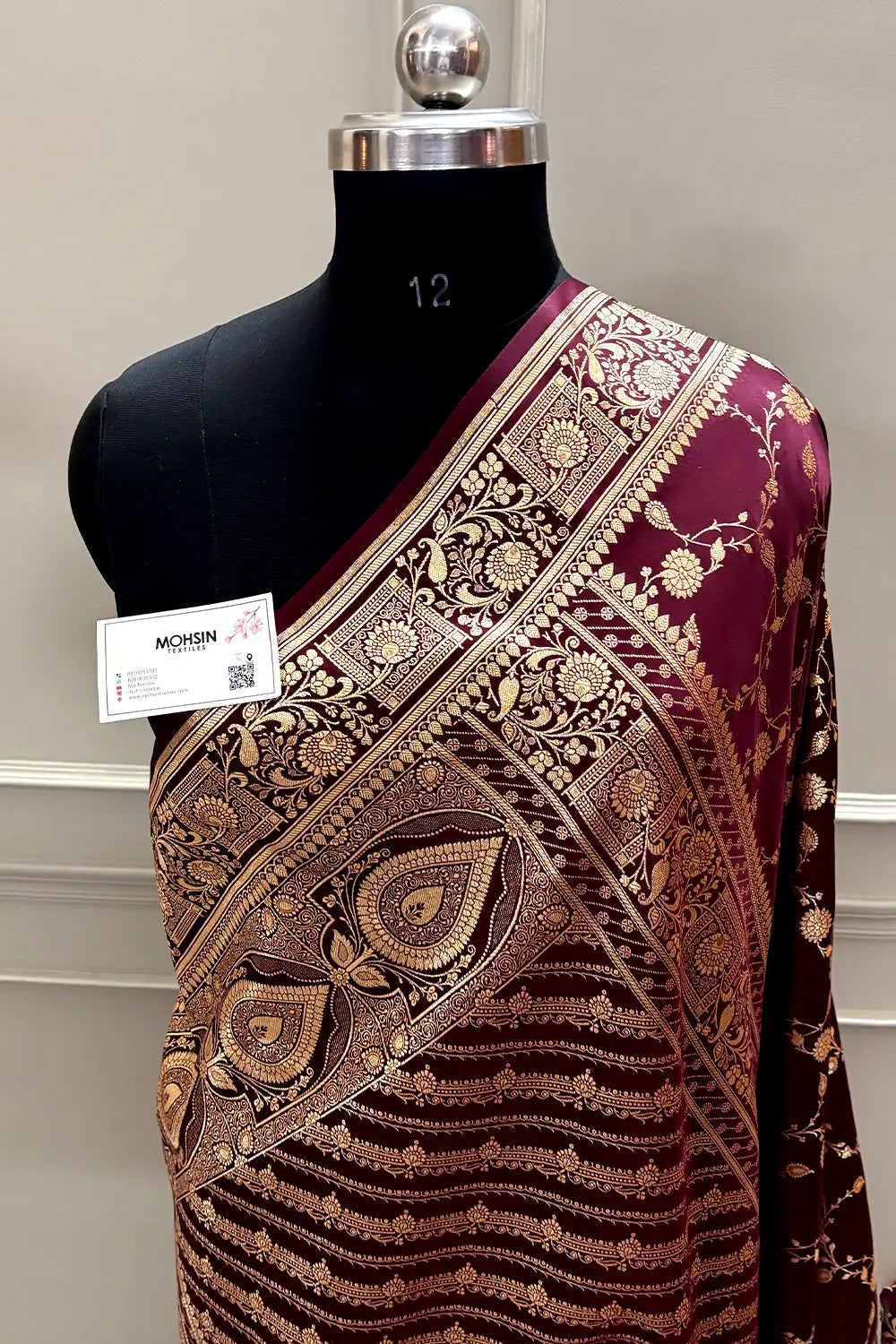 Dark Wine Albeli Jaal Katan Satin Silk Banarasi Saree