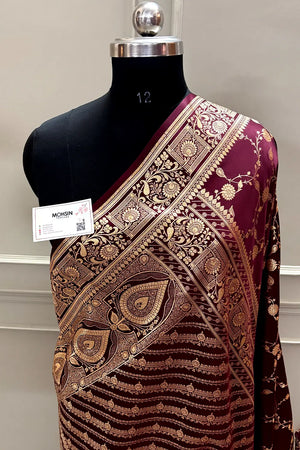 Dark Wine Albeli Jaal Katan Satin Silk Banarasi Saree