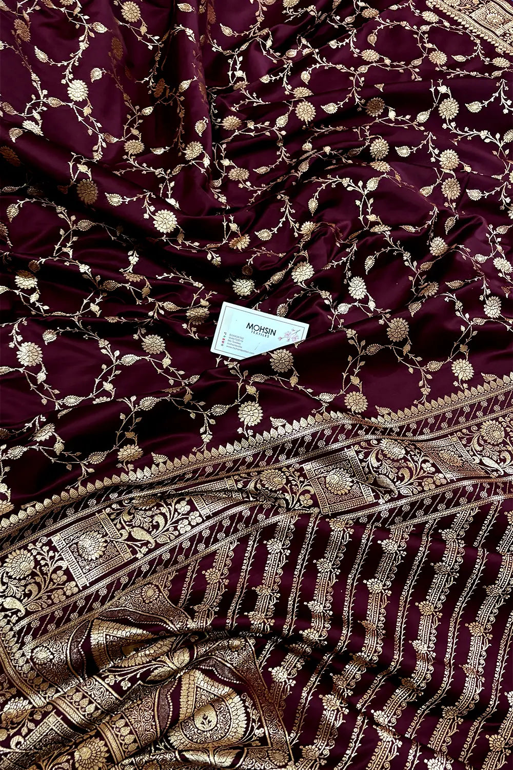 Dark Wine Albeli Jaal Katan Satin Silk Banarasi Saree