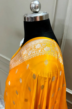 Dark Yellow Flying Buti Katan Silk Banarasi Saree