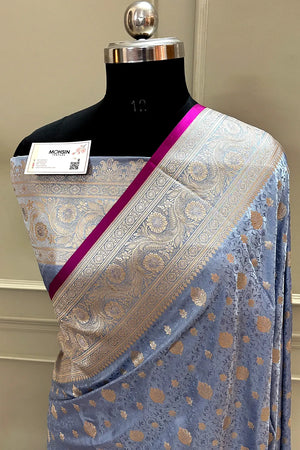 Dusty Blue Chunni Munni Katan Silk Banarasi Saree