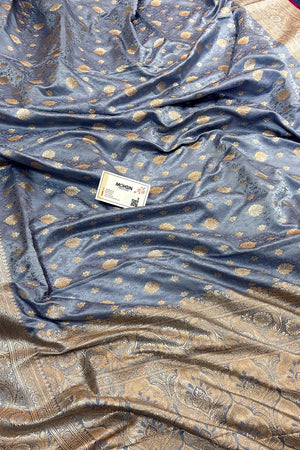 Dusty Blue Chunni Munni Katan Silk Banarasi Saree