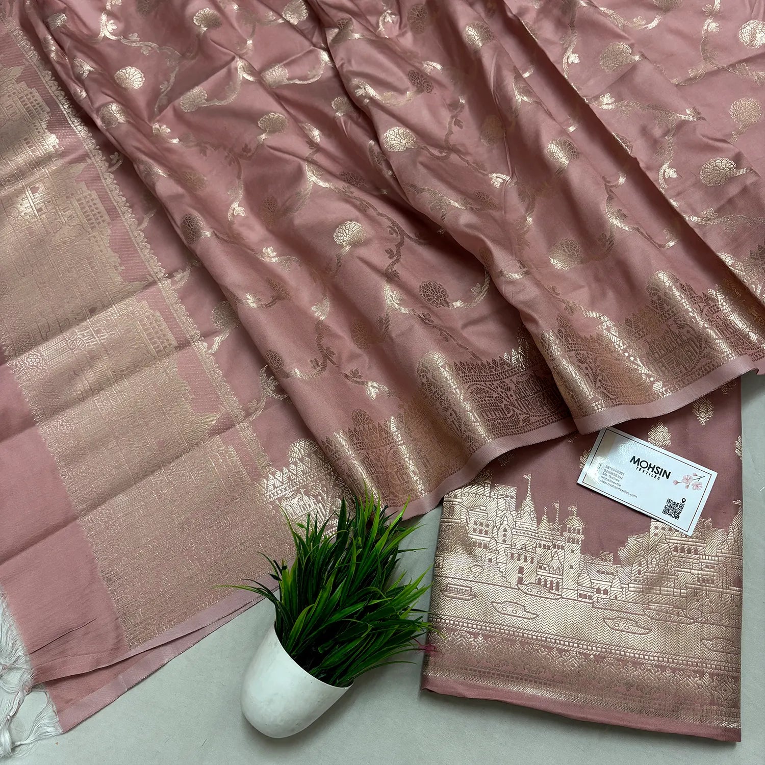 Dusty Mauve Assi Ghat Mandir Semi Katan Silk Banarasi Suit
