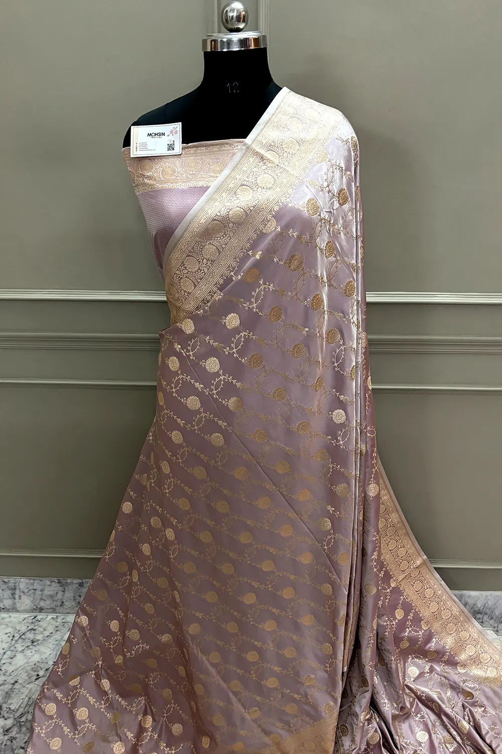 Dusty Mauve Ropeway Jaal Katan Mashru Silk Banarasi Saree