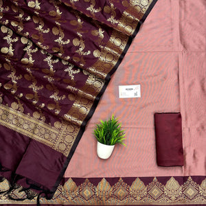Dusty Peach and Wine Plain Semi Katan Silk Banarasi Silk Suit