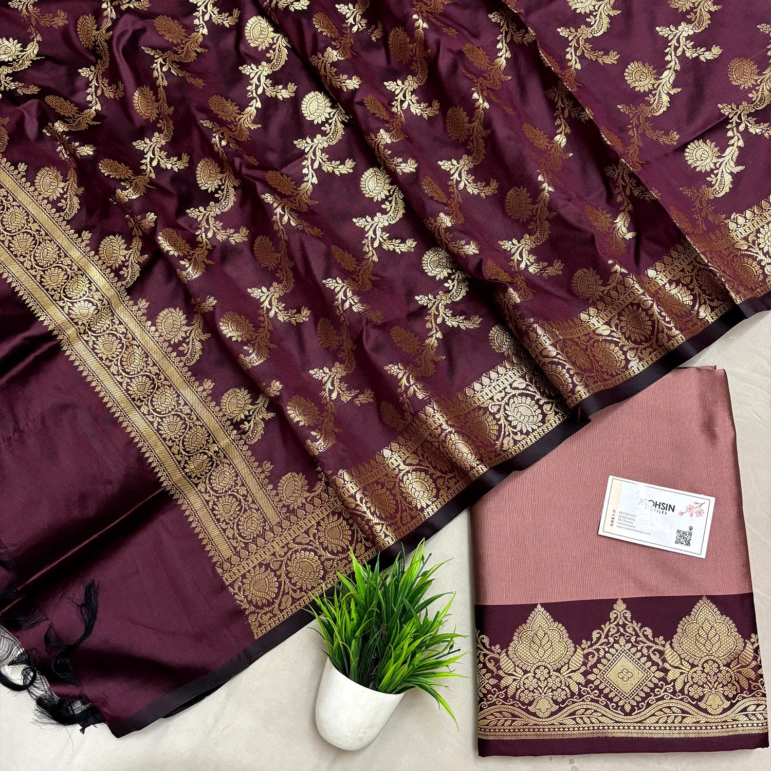 Dusty Peach and Wine Plain Semi Katan Silk Banarasi Silk Suit