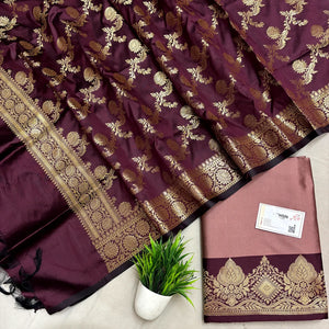 Dusty Peach and Wine Plain Semi Katan Silk Banarasi Silk Suit