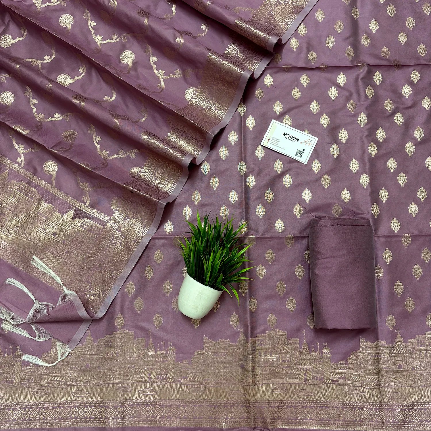 Dusty Purple Assi Ghat Mandir Semi Katan Silk Banarasi Suit
