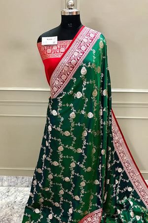 Emerald Green and Red Zari Katan Silk Banarasi Saree